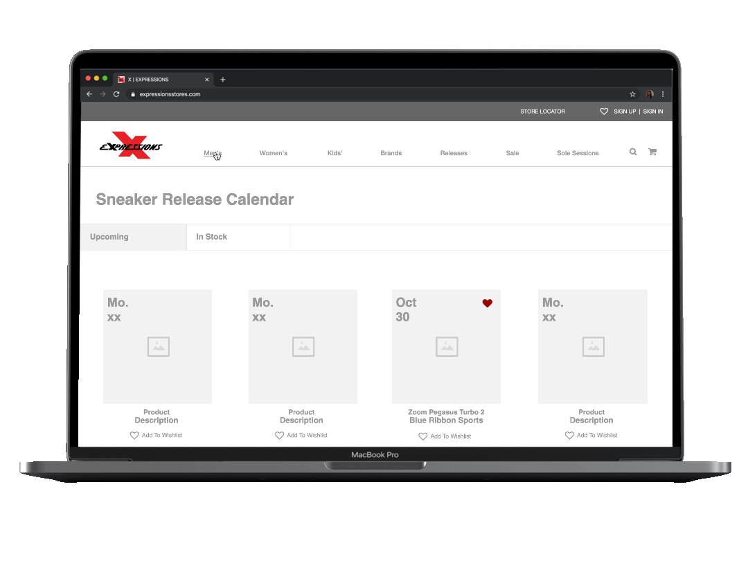 Product listing wireframe with filters, prices, and wishlist heart